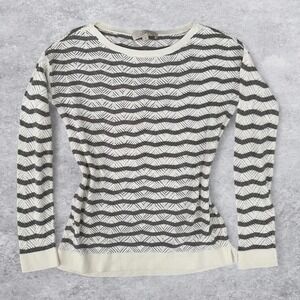LOFT Womens Small Grey Cream Striped Pointelle Cotton Knit Crewneck Sweater
